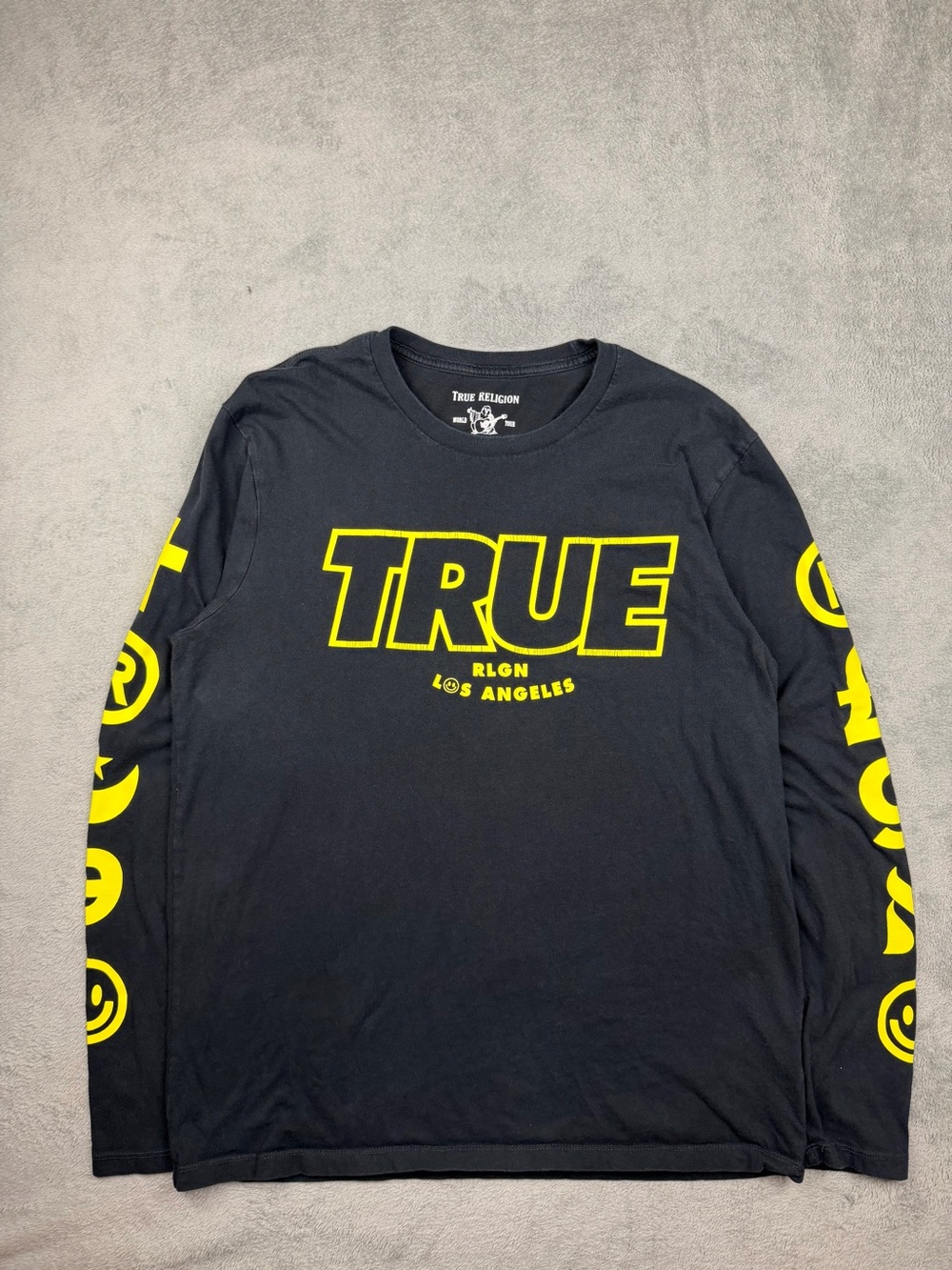 True Religion Black Long-Sleeve Tee with Yellow 'TRUE' Logo